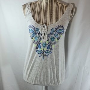 American Eagle Grey BOHO Style Sleeveless Floral Front Tank Top Size Small